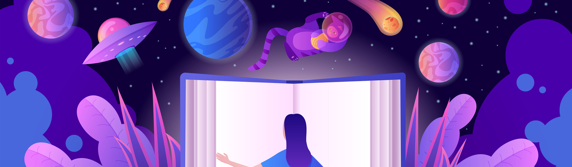Girl reading a book surrounded by space imagery