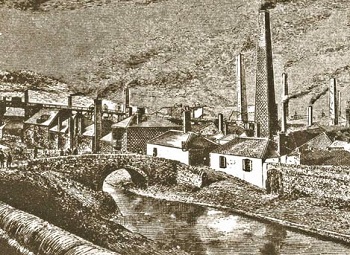 black and white illustration of industrial town