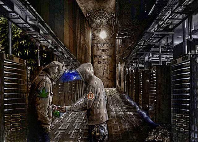 A painting of two people in hoodies exchanging something in an alleyway 