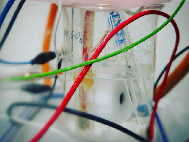 Colourful wires crossing over a beaker of water