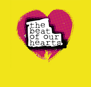 The words 'Beats of our heart' over a red heart on a yellow background 