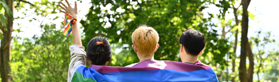 Three people with backs to the camera draped in a rainbow flag