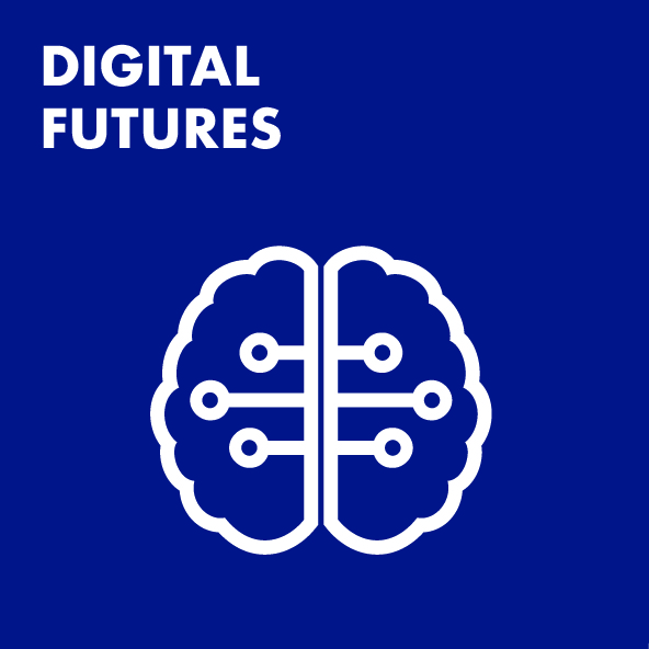 Research icon featuring a brain to illustrate digital futures research