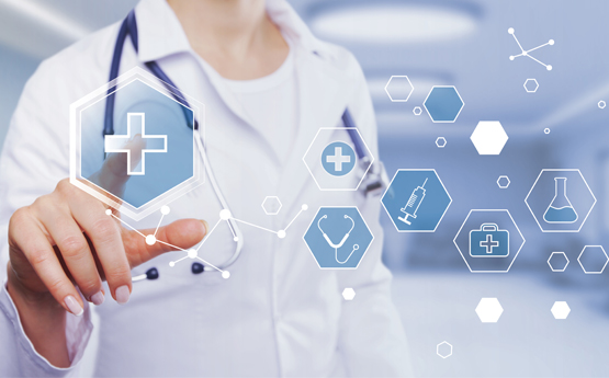 A female doctor with their hand on a digital screen with different icons representing health and data