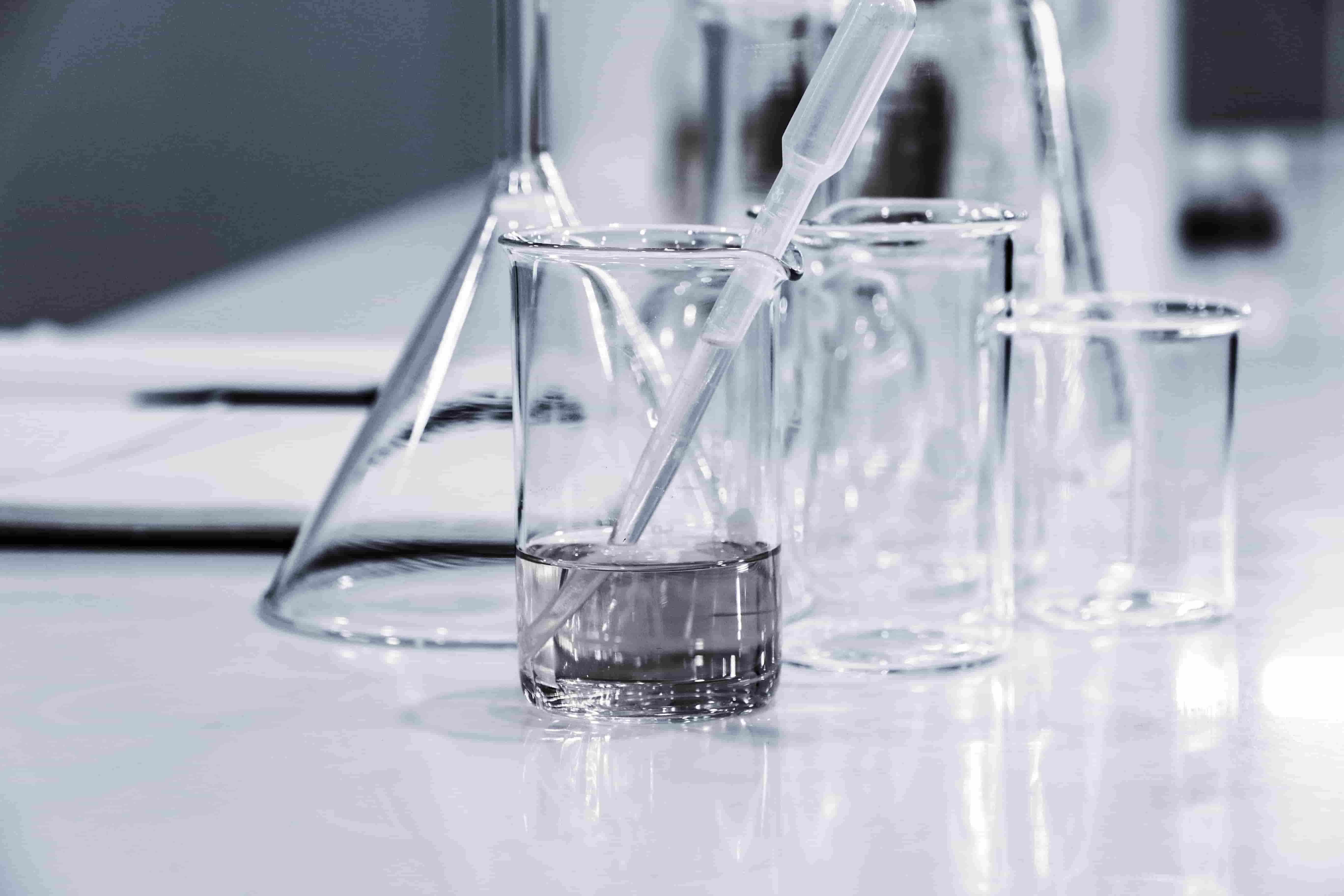 Clear beakers in a lab