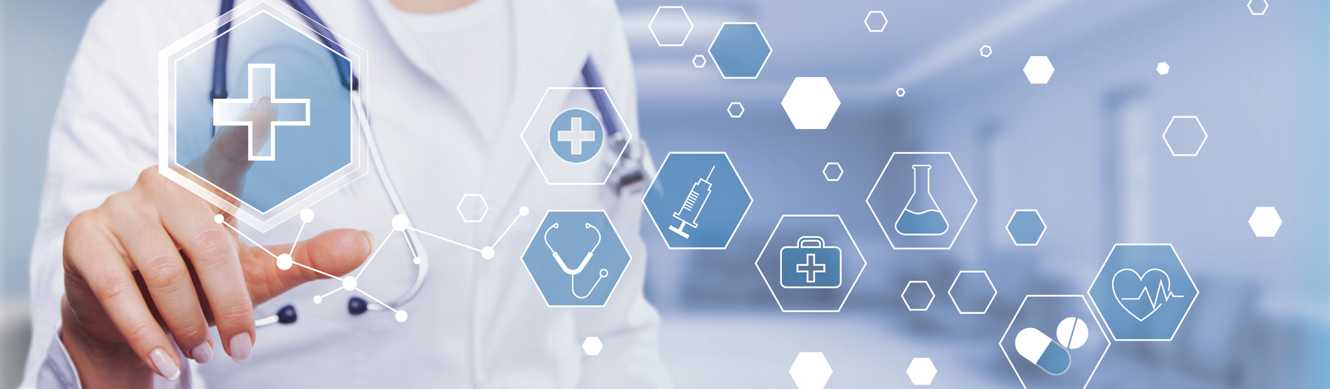 A female doctor with their hand on a digital screen with different icons representing health and data