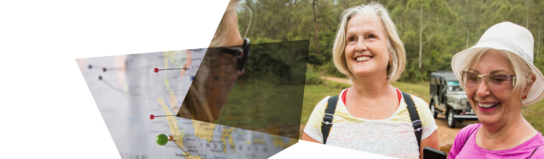 The banner contains two images: The image on the right is of a partially sighted woman The image on the left is of a map with pins in different locations