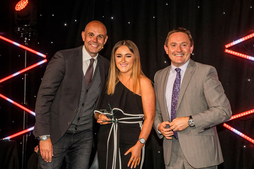 Melissa Molyneaux receiving her award from David Jones (Chief Executive of Cambria) and Jason Mohammad (Special Guest at the ceremony). 