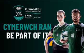 An image of the new Swansea University sports designs, with a volleyball and football player 