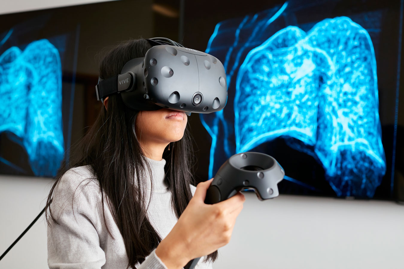 Female student with VR headset 
