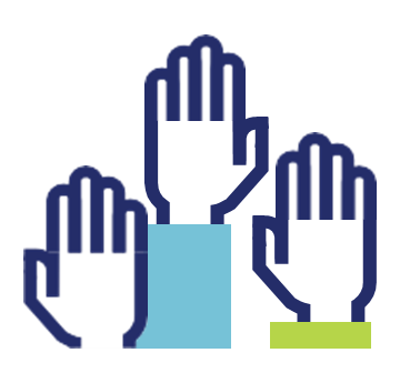 Graphic of three hands up in the air in the Swansea University colours, blue, green and white