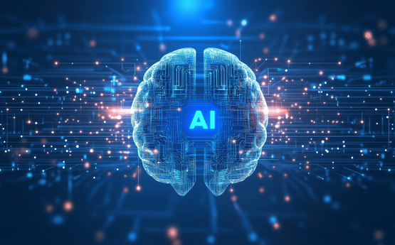 A digital brain with the letters 