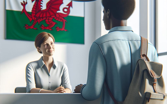 A student approaching a reception desk in front of a welsh flag