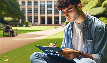 A student sitting outside working on a well-being action plan