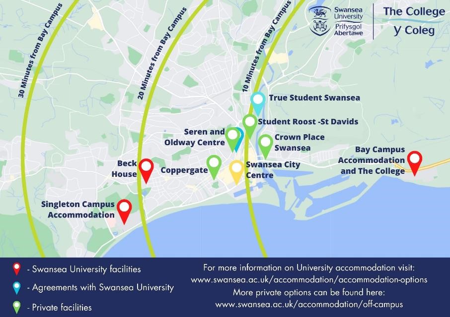 Map of Swansea showing distance from campus of accommodation options