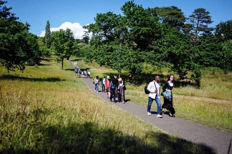 Students sitting outside on Bay Campus