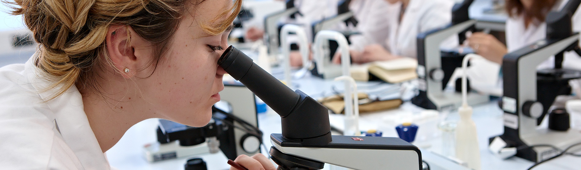 Students using microscopes in a lab.