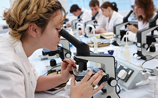 Student looking through a microscope.