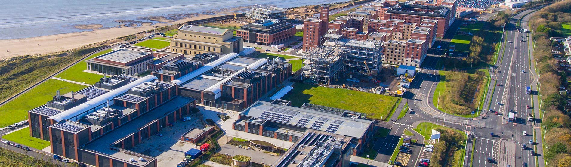 Birds eye view of the bay campus.