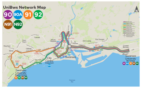 Map showing Swansea bus services and routes