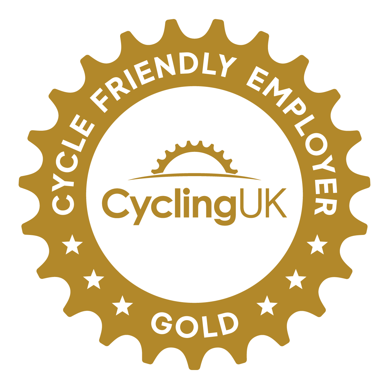 Cycle Friendly Employer Gold Standard logo. A gold circle with a white centre. In the centre is a gold bike with the words we are cycling uk. Around the outside are the words 'Gold Cycle Friendly Employer'.