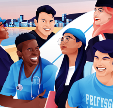 Graphic of two students in graduation cloaks looking over Swansea Skyline