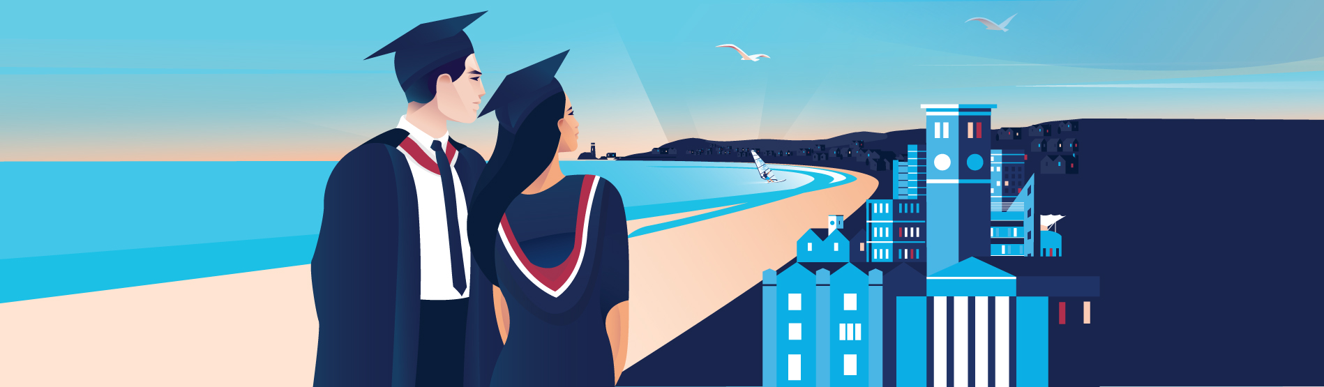 Illustrative drawing of two students in their cap and gowns looking across mumbles, with images of iconic University buildings. 