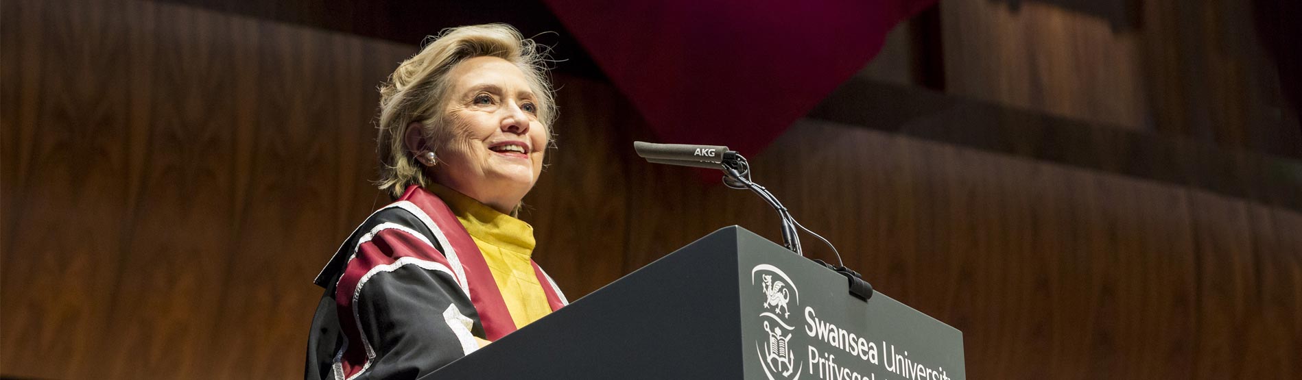 Hillary Clinton giving a speech at Swansea University