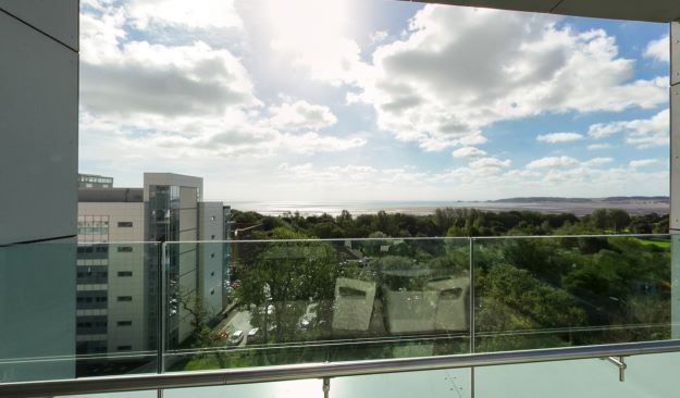 Balcony view over trees, buildings and distant coastline