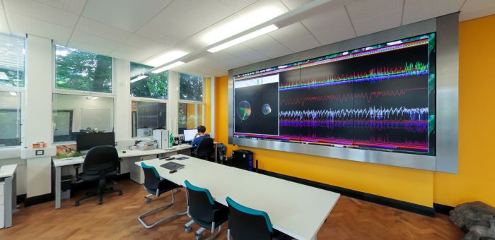 SLAM Visualisation Lab with large data display wall and research workstations