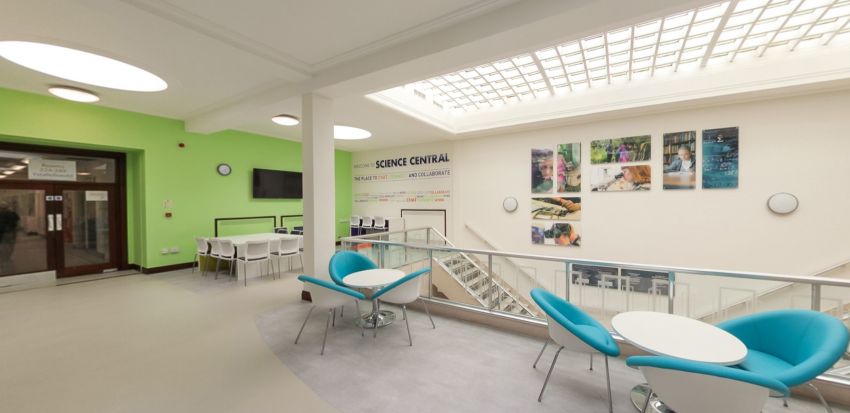 Science Central study space with seating, tables and open atrium area