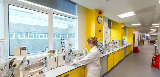 Researcher using laboratory equipment in a wet chemistry lab