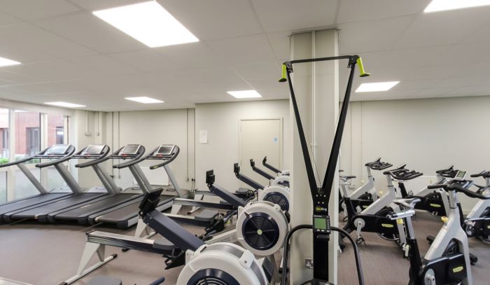 Room filled with treadmills, rowers, and exercise bikes in a bright gym