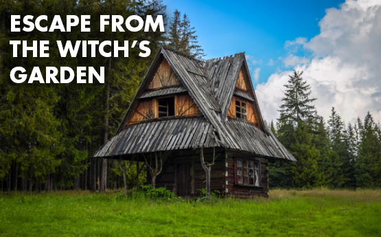 A picture of a wooden house in the middle of a field, with the text 'Escape From the Witch's Garden'